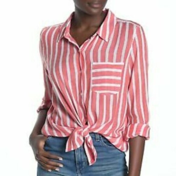 Abound Tops - Abound Women’s Button Up Top Red White Stripe